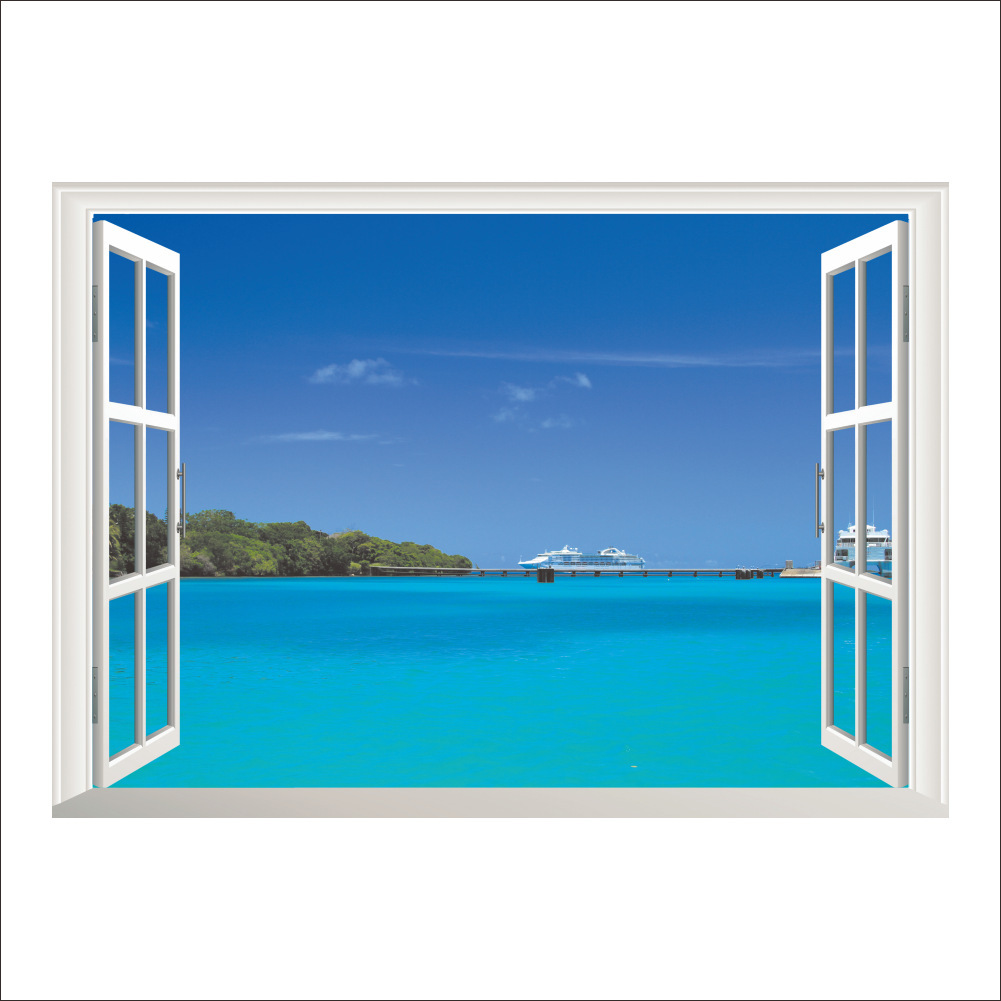 新款14161淘宝热卖3d立体夏威夷风情海景窗户客厅电视背景墙贴纸