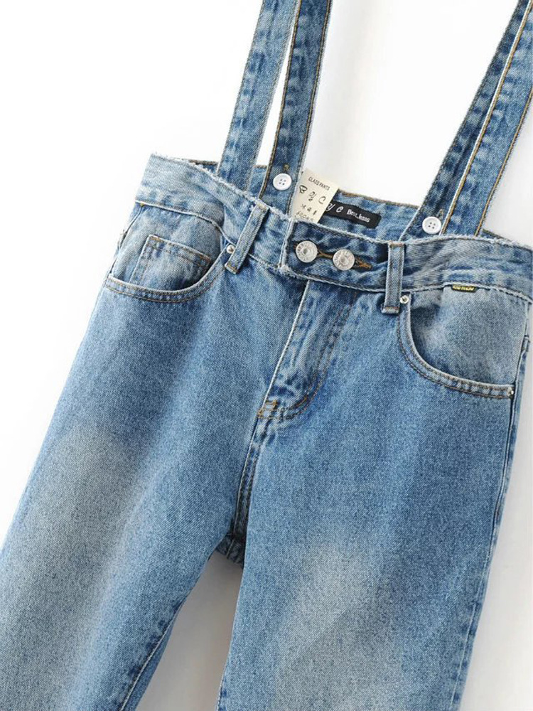 裤脚边磨毛可拆卸牛仔背带裤一件代发 95