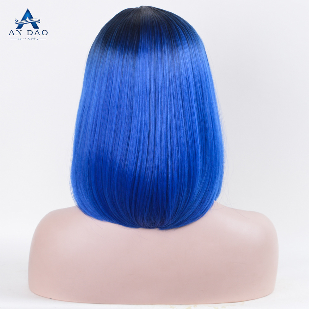 外贸一件代发 时尚中分高档黑色漂染头顶深蓝色中长发女款假发