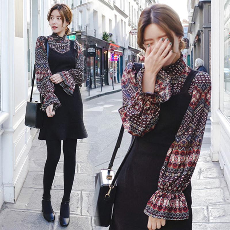 2017春装新款代购韩国东大门    雪纺两件套背带裙打底鱼尾连衣裙