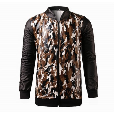 外贸实拍时尚立领外套豹纹虎皮印花修身皮衣b3749