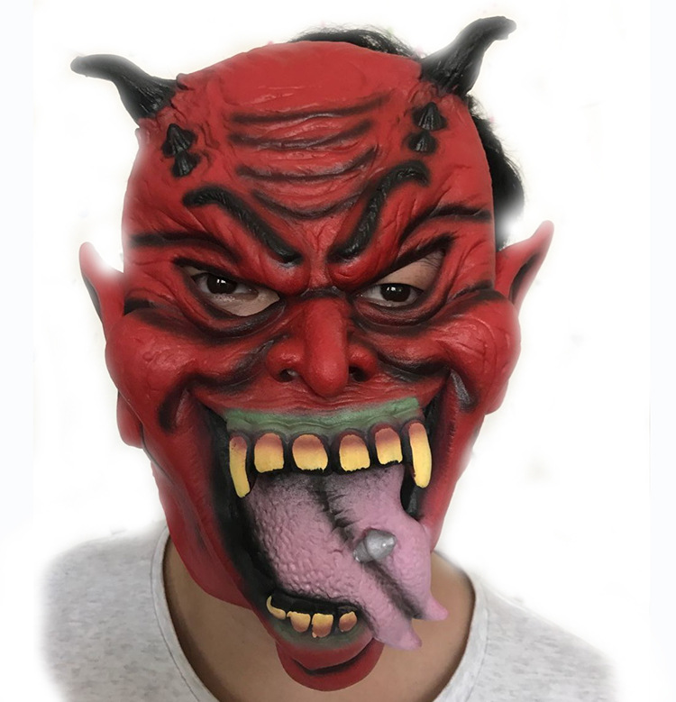红色鬼脸红面怪兽面具恐怖红脸怪物万圣节长舌钢钉面具