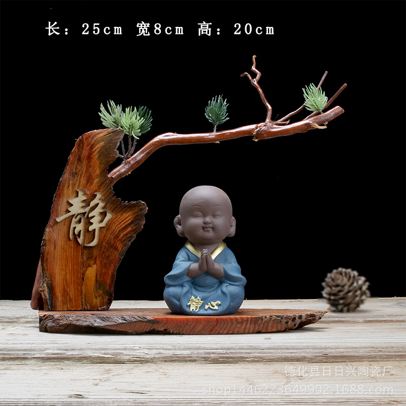 厂家直销 茶宠小和尚静字根雕家居创意客厅装饰品禅意工艺品摆件