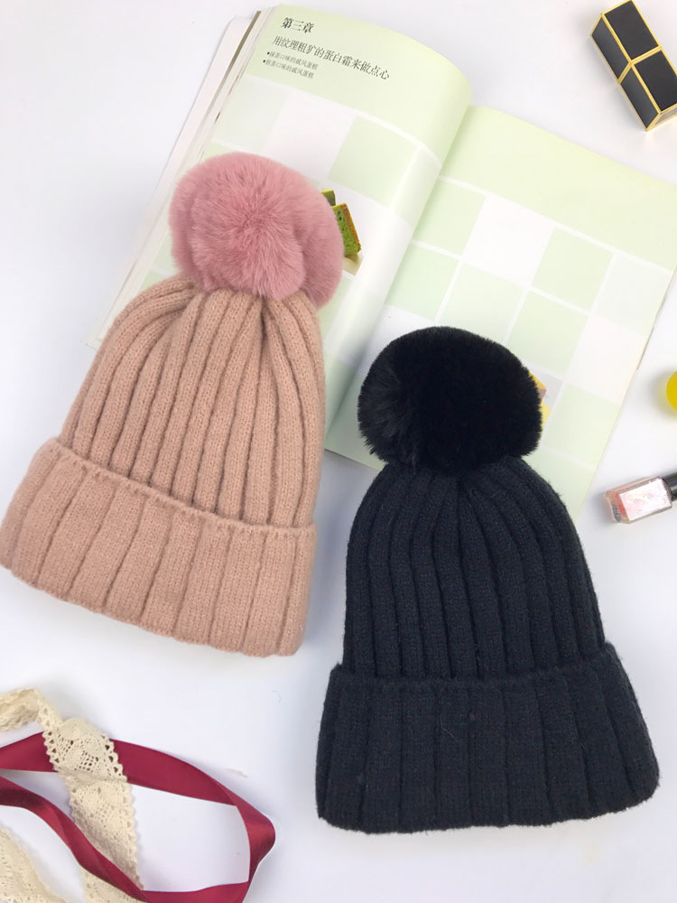 冬天韩版女士针织帽兔毛帽子大球加绒毛线帽护耳保暖套头帽日系