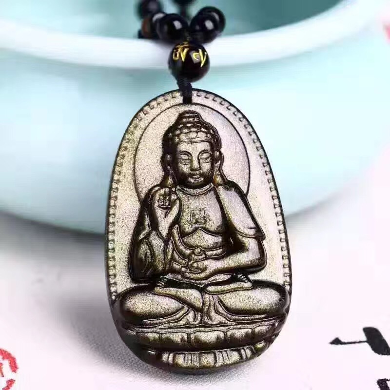 天然金曜石八大守护神阿弥陀佛菩萨吊坠 生肖猪和狗本命佛情侣款