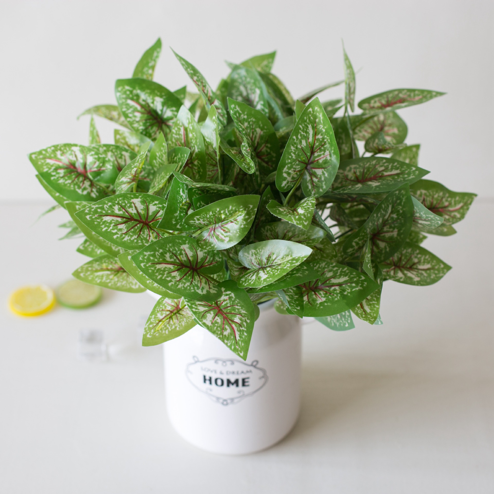 7叉红纹白点仙芋植物墙配材工程绿色叶仿真花室内植物墙配材