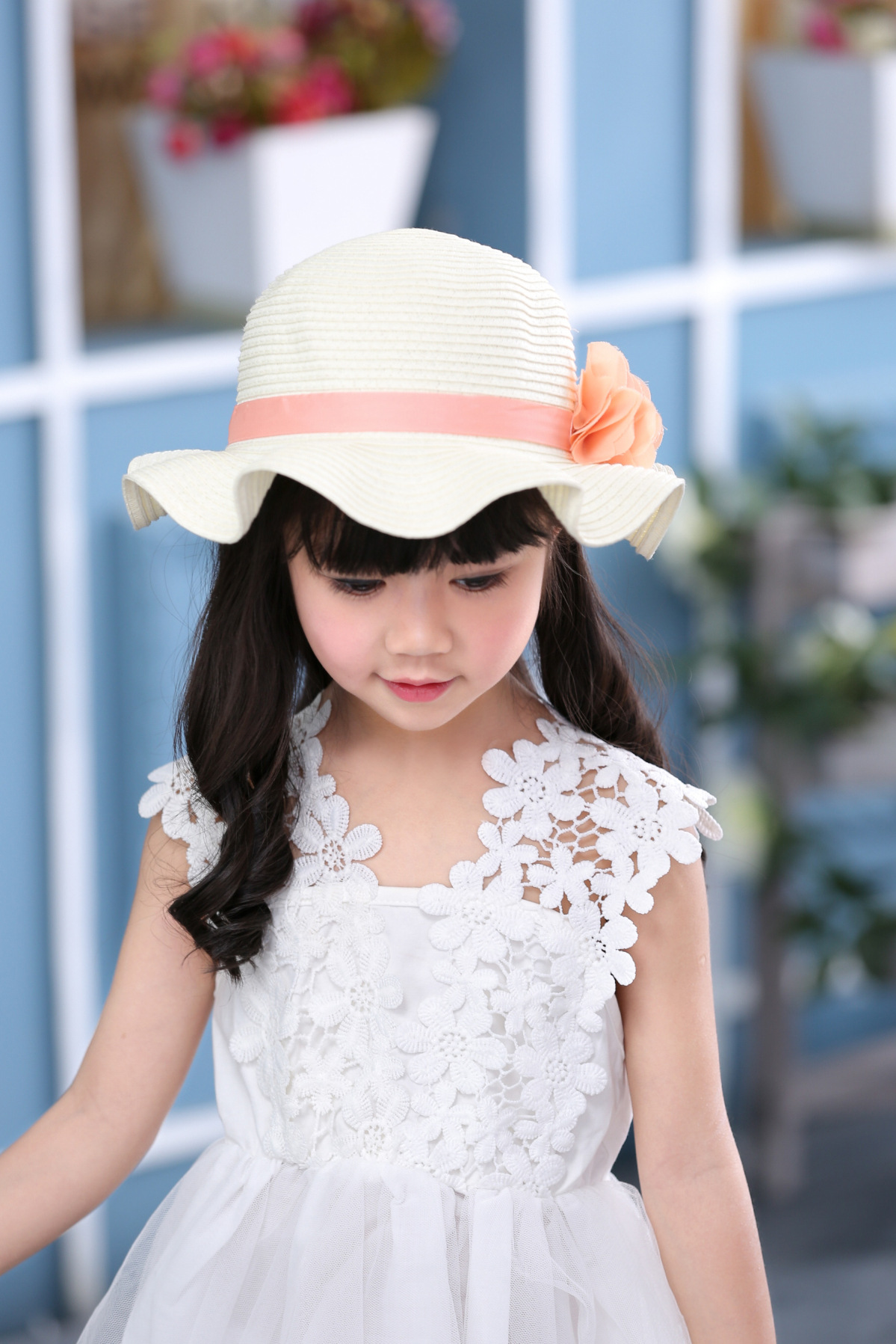 水玉双花儿童草帽儿童太阳帽儿童帽女童草帽女童木耳边遮阳草帽