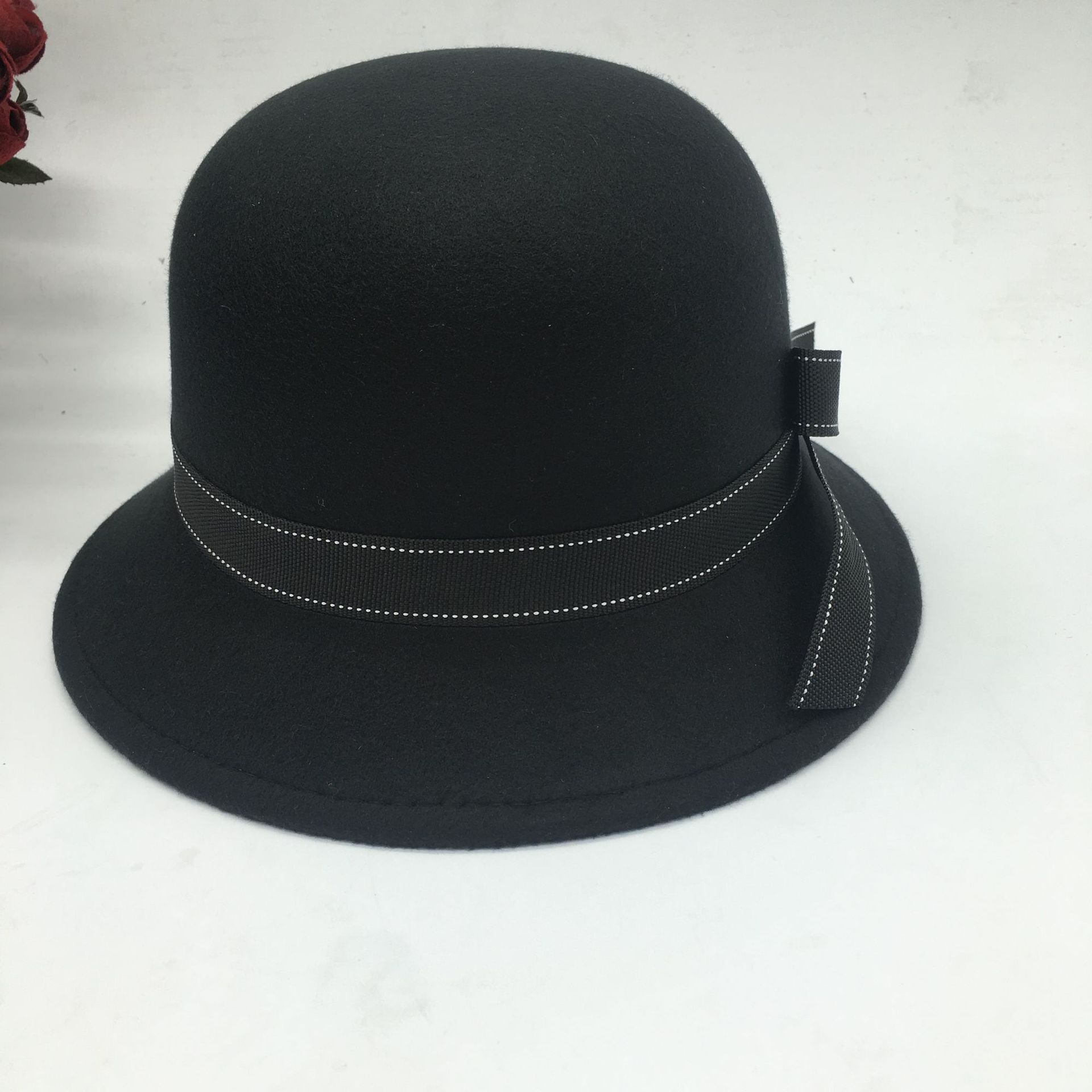 秋冬新款女帽韩版蝴蝶结圆顶毛呢礼帽时尚保暖盆帽可批发定制