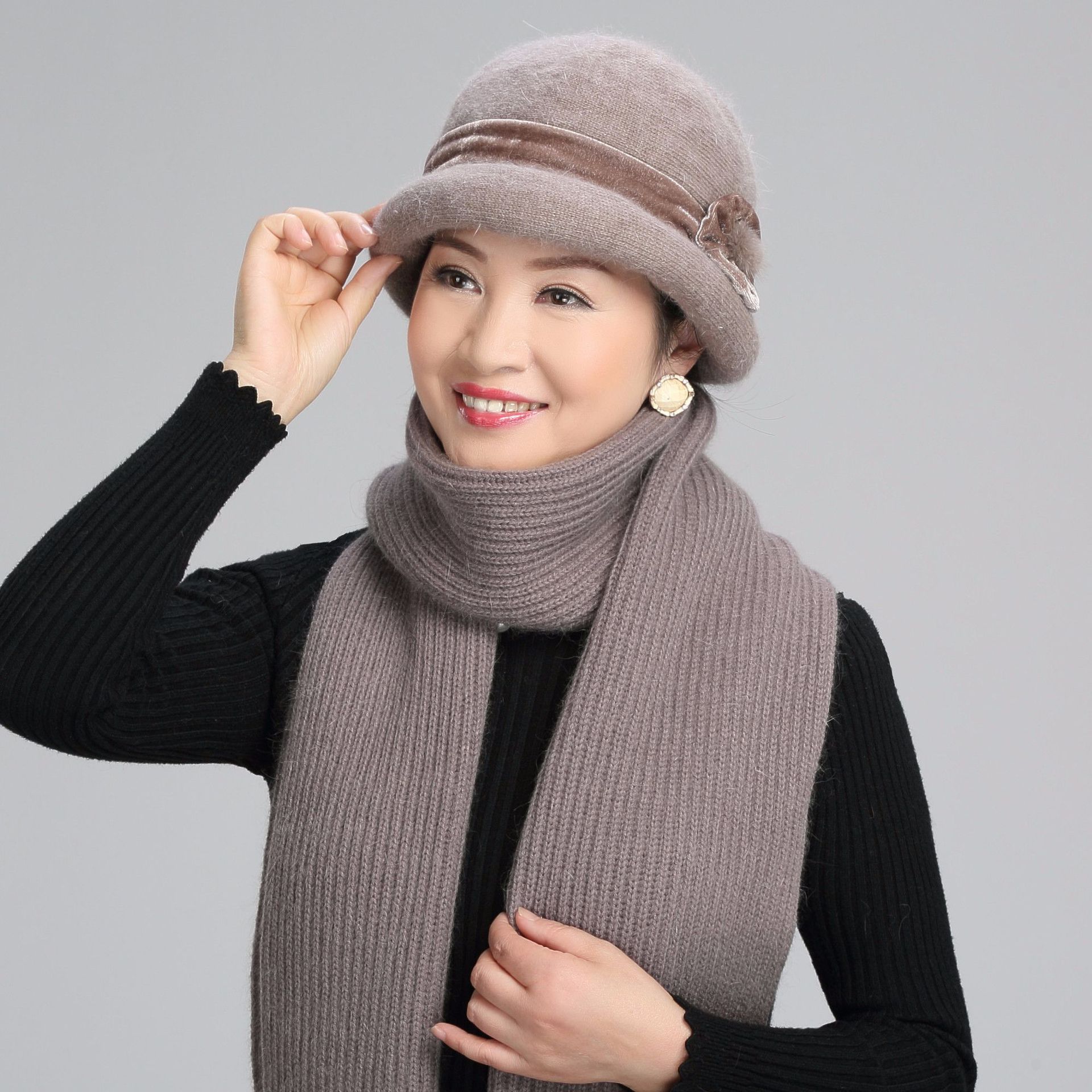 兔毛针织毛线老人帽子女冬中老年人帽女冬妈妈帽奶奶秋冬加厚保暖