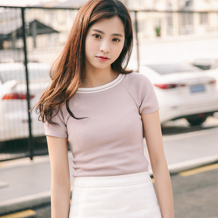 2017夏新款文艺通勤气质修身弹力短袖针织衫女新款领口撞t恤