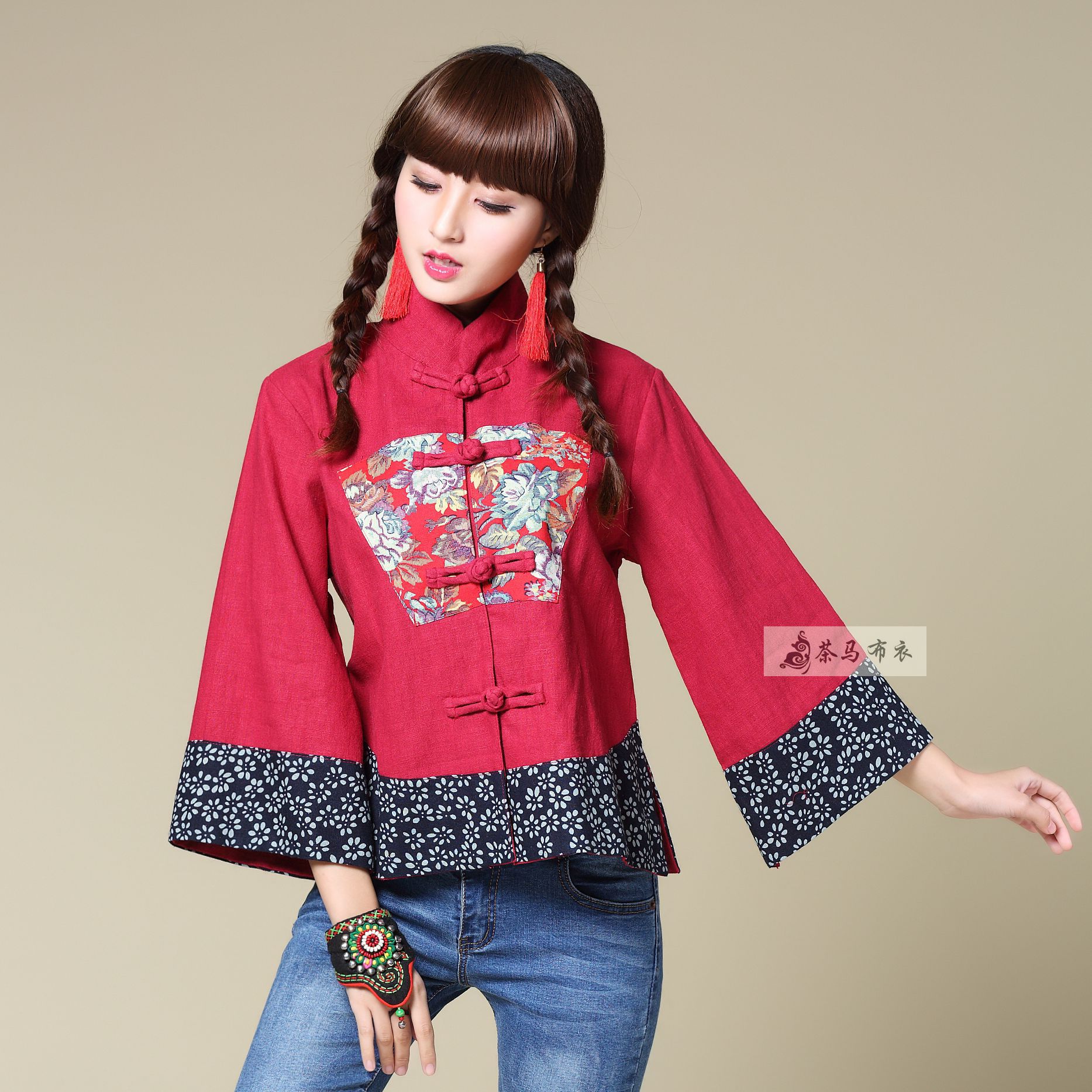 春秋季民族风棉麻女装修身单排扣唐装服装九分袖宽松短款上衣外套