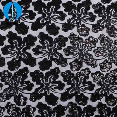 厂家直销绣花布 立体珠片绣花亮片绣图案黑色低调优雅绣花面料