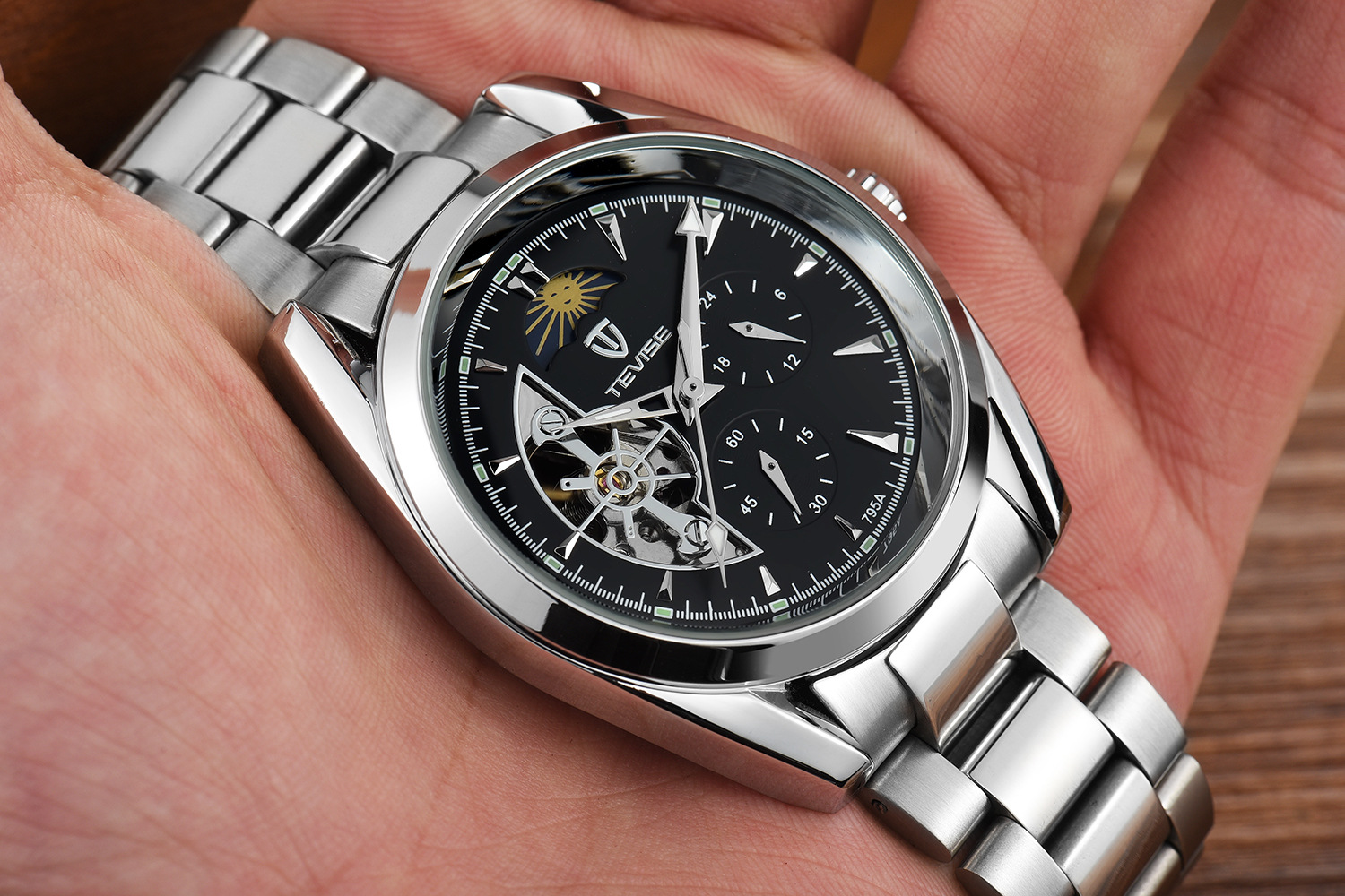 tevise/特威斯79银壳皮带多功能商务休闲精钢带男士手表watch