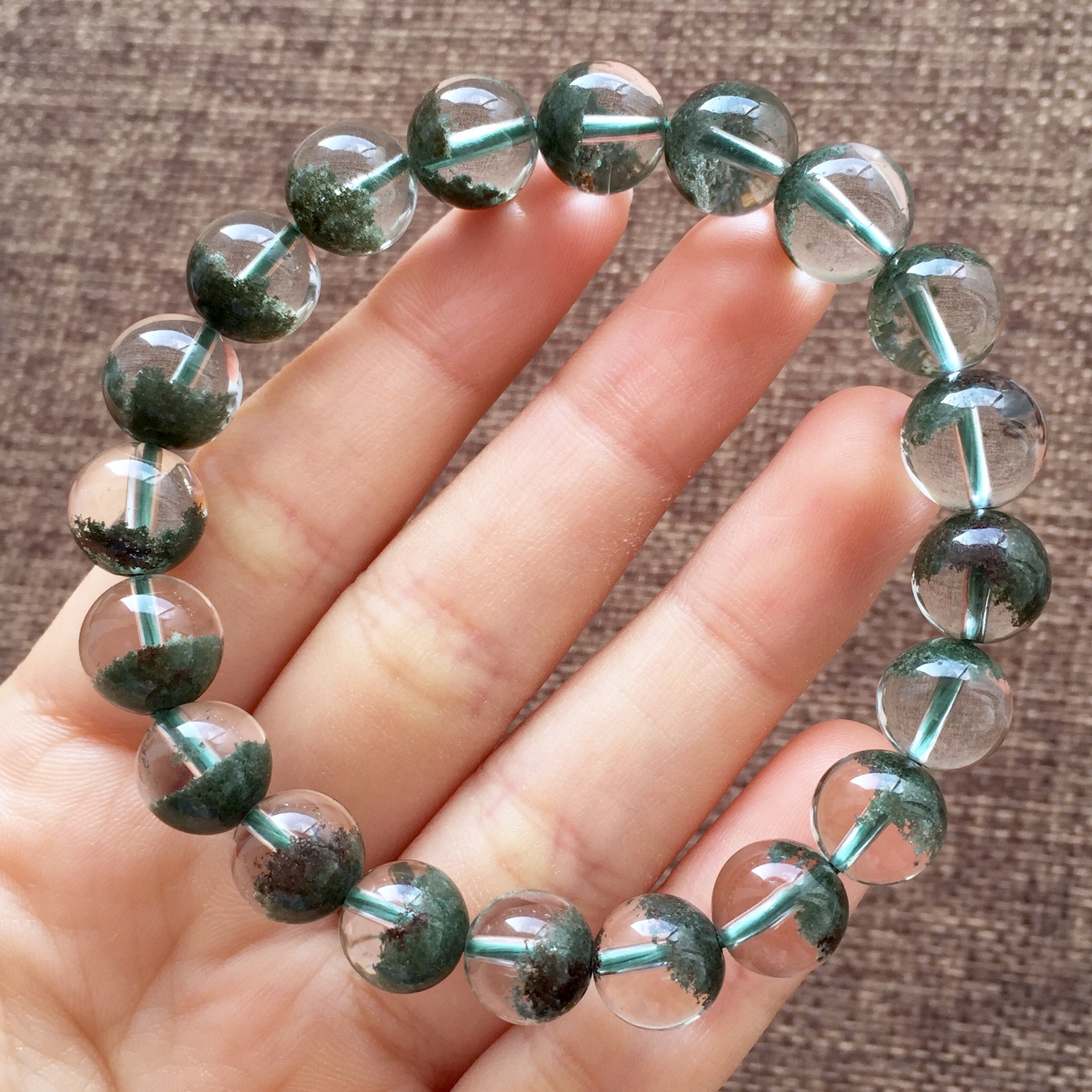 天然聚宝盆手链 绿幽灵翠绿男女款 12mm 招财 通透 绿幽灵水晶