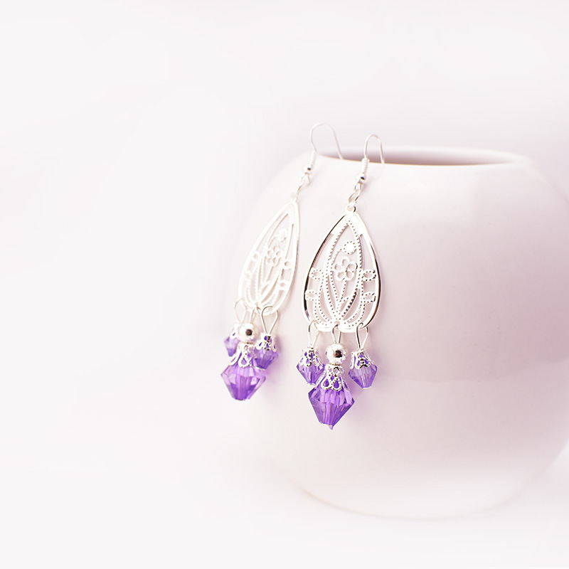 镂空银色薄片耳环 仿水晶流苏水滴 纯手工饰品 外贸批发厂家