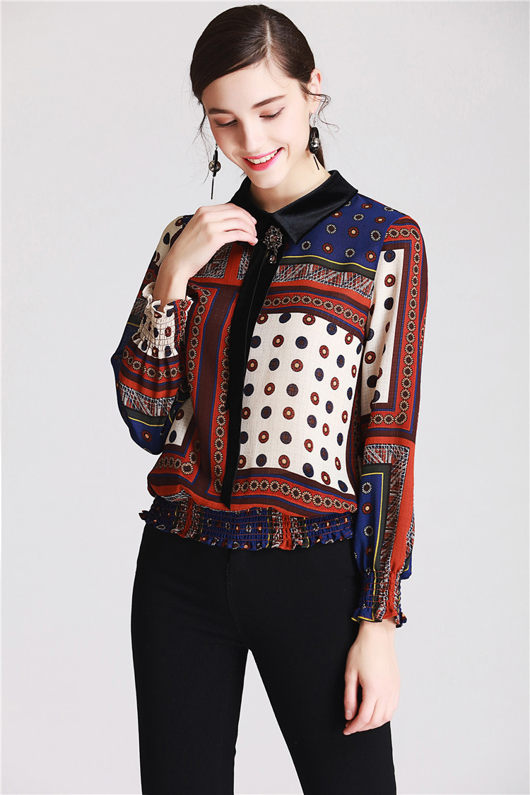 2018春数码定位印花打揽衬衣 欧美翻领花朵数码印花上衣 领带衬衫