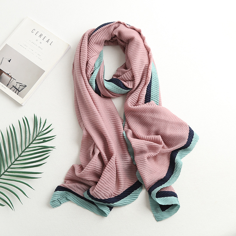 新款秋冬压皱文艺复古扎染双色包边棉麻围巾时尚百搭拼色披肩