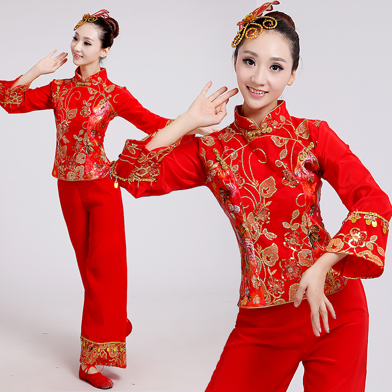 秧歌服成人演出中老年扇子腰鼓舞蹈民族现代广场舞新款女秧歌服