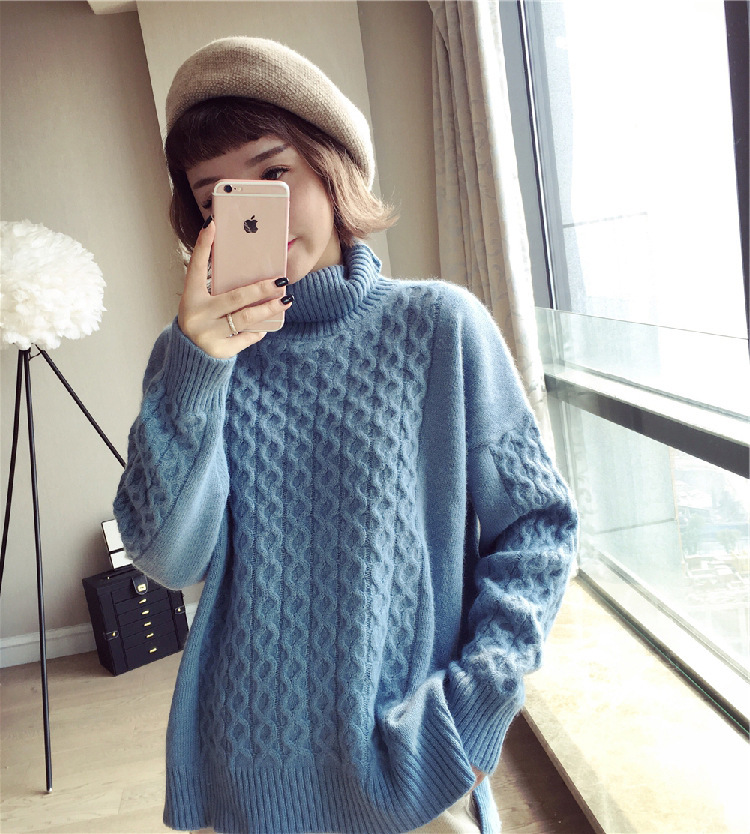2017秋冬新品 麻花编织高领宽松羊绒混纺针织毛衣打底衫