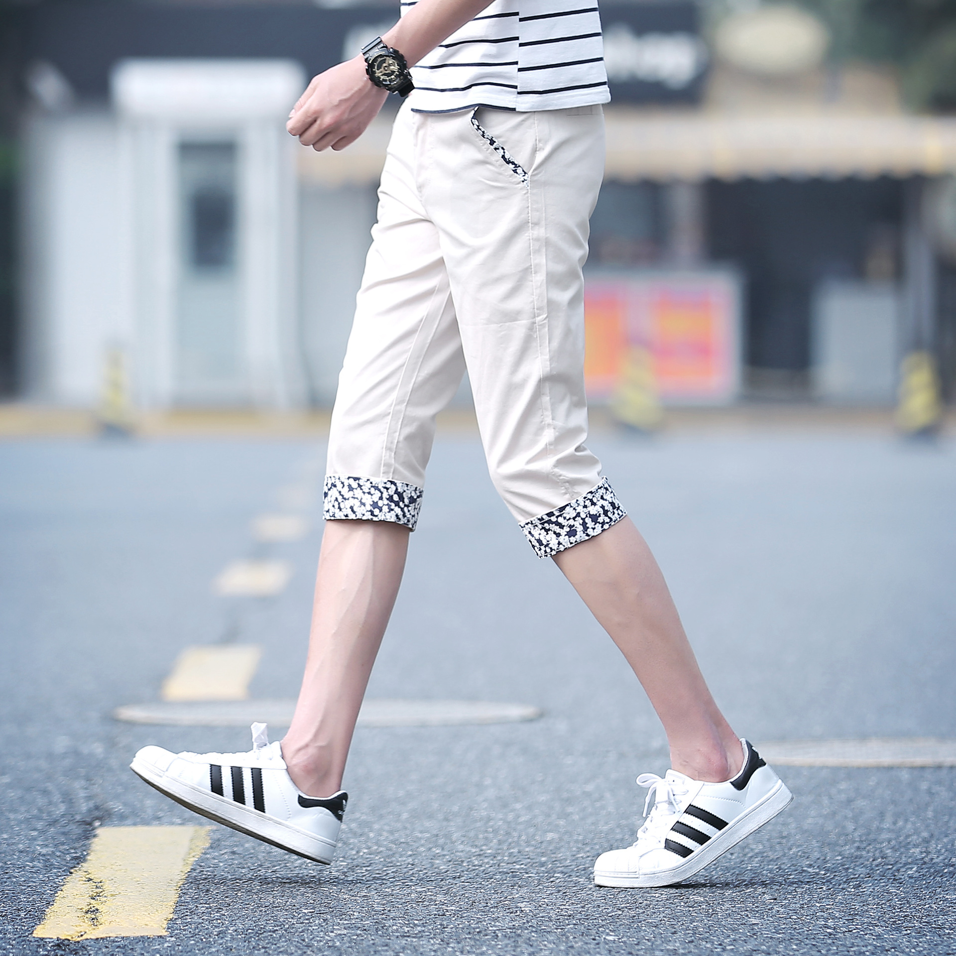 外贸款男士韩版修身薄款七分裤时尚型男纯色花边休闲运动裤