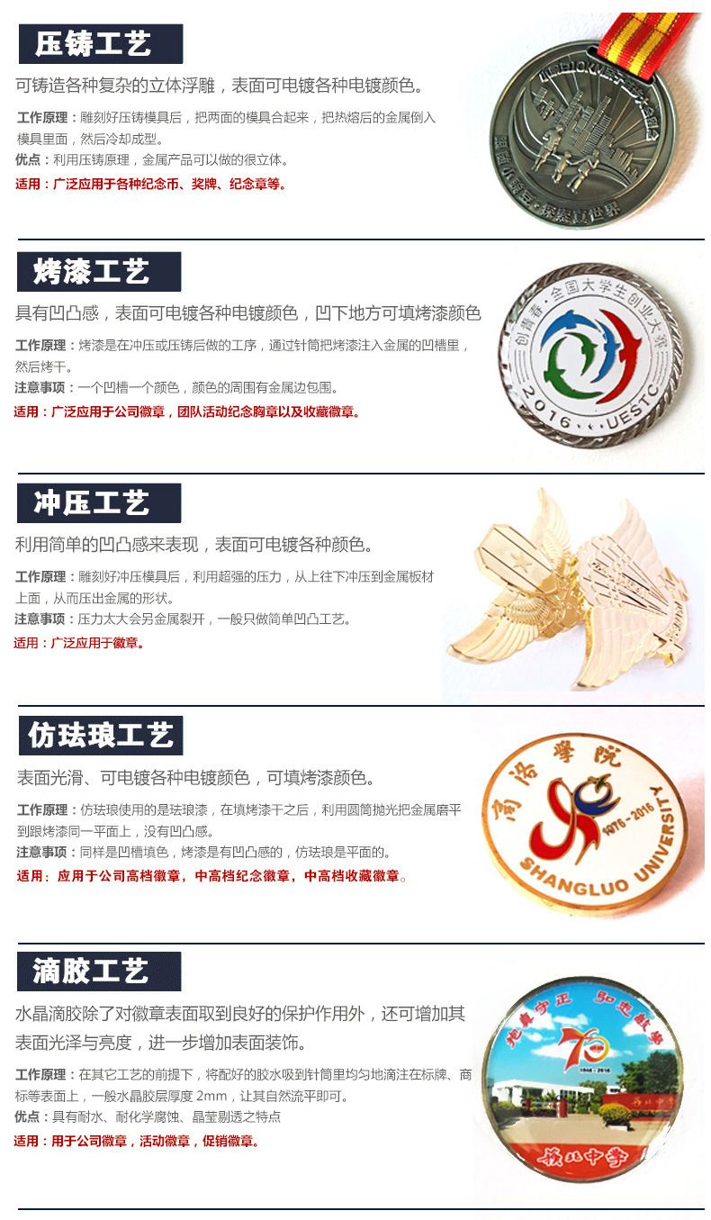 厂家直销金属徽章学生校徽定制滴胶珐琅烤漆徽章胸牌制作胸标工艺