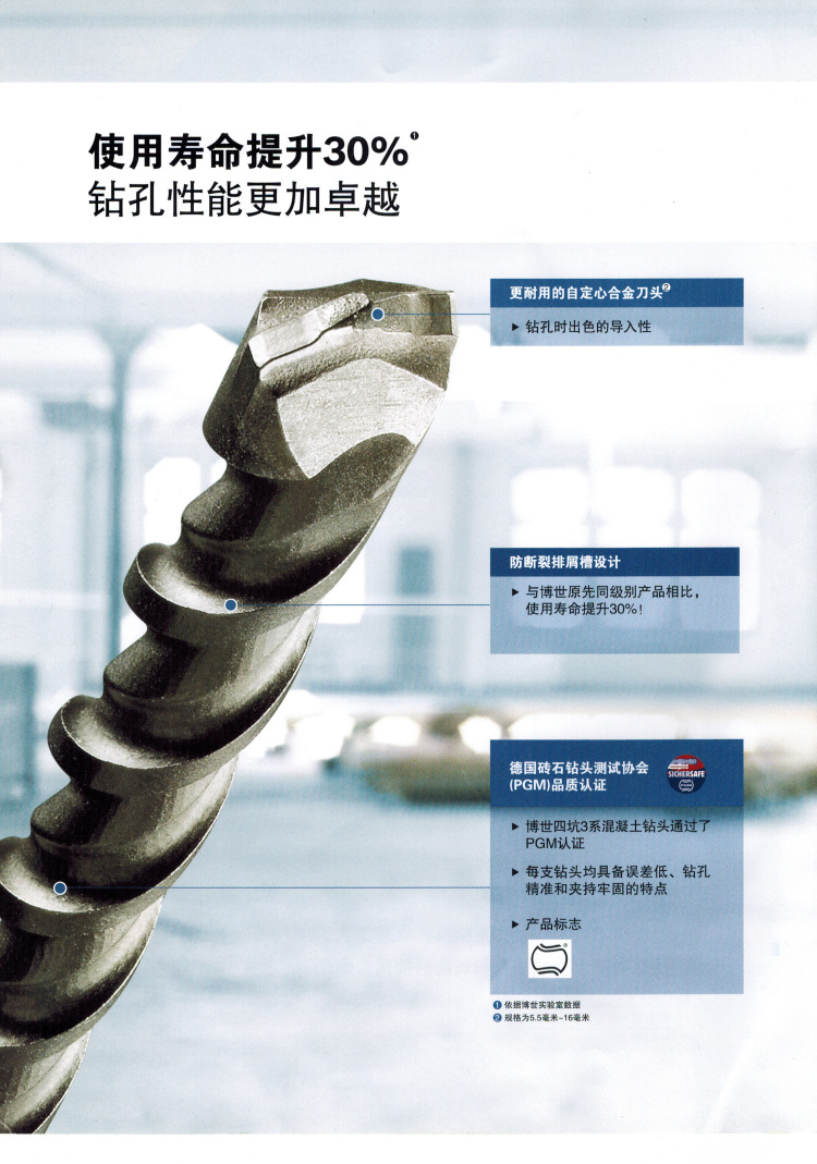 博世电锤钻头四坑3系混凝土穿墙钻头25*450mm圆四坑两刃冲击钻头