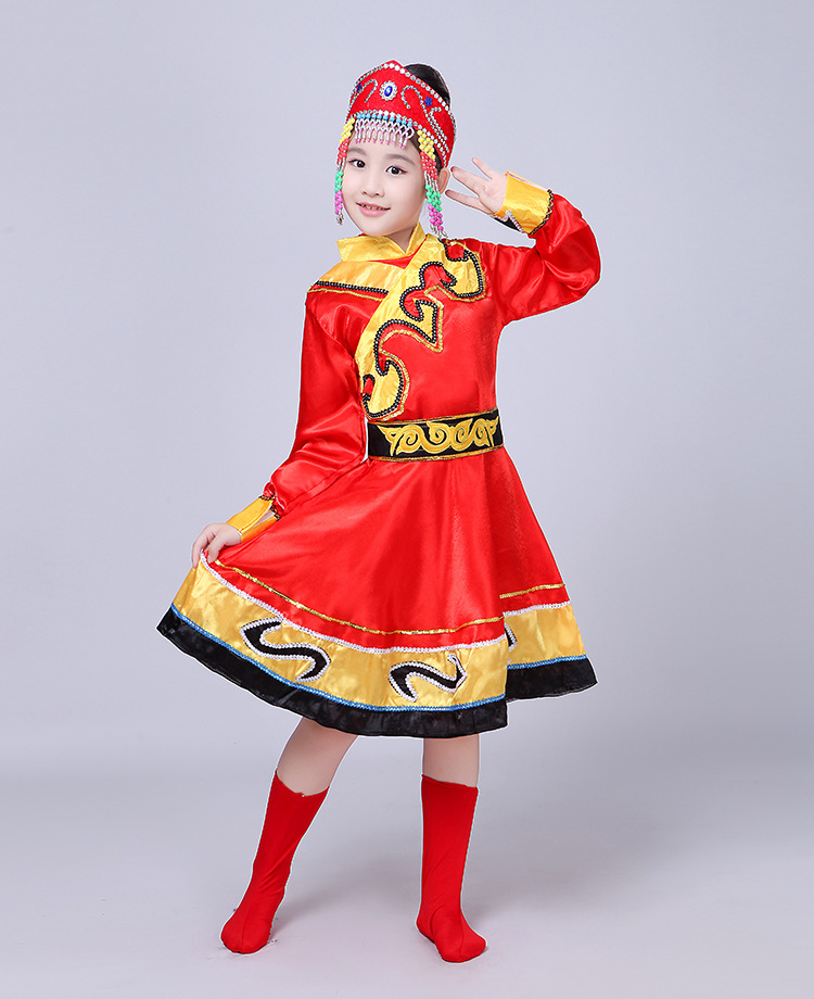 蒙古族服装儿童女孩演出服饰小孩蒙古袍女童款新款蒙古族袍舞蹈服