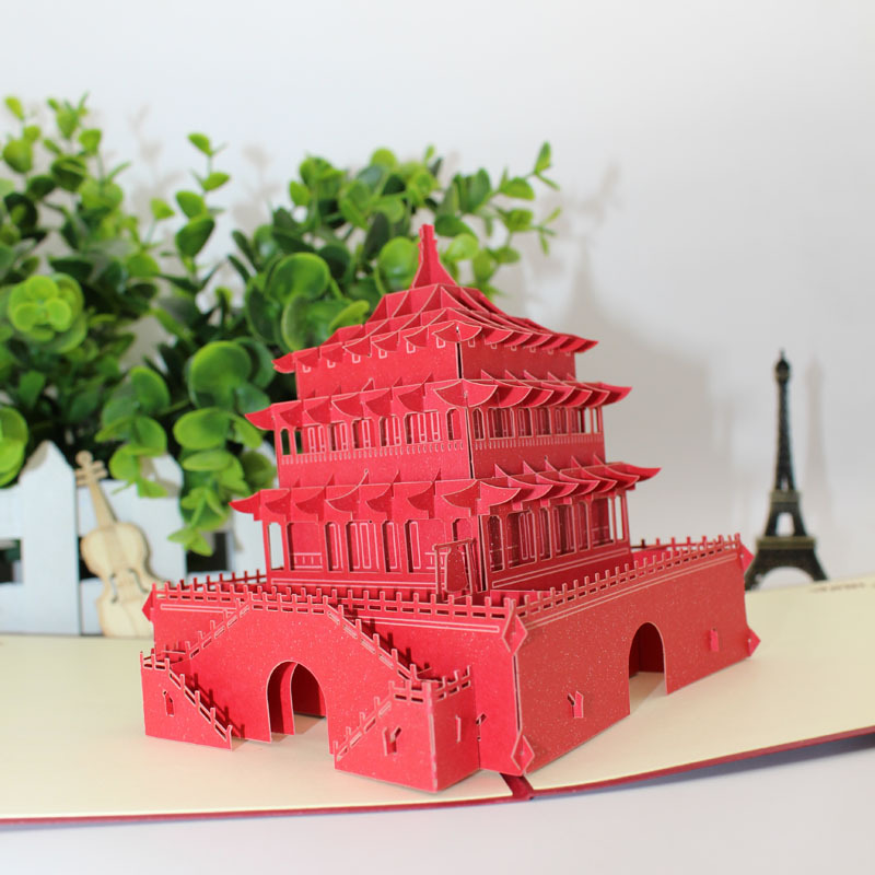创意3d立体贺卡折纸剪纸雕刻镂空西安钟楼建筑模型摆件旅游纪念品