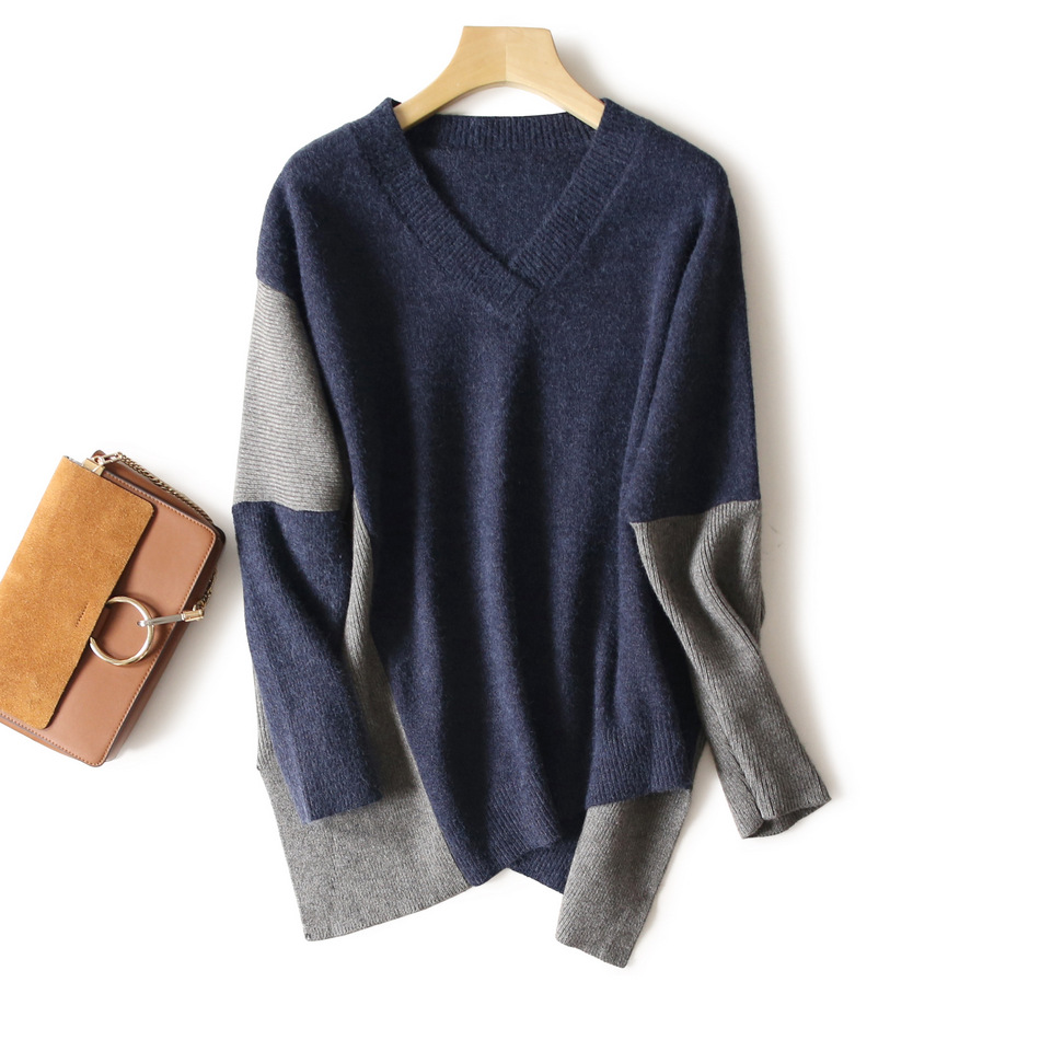 精致又舒适~不规则设计 v领长袖宽松拼色毛衣女hj002