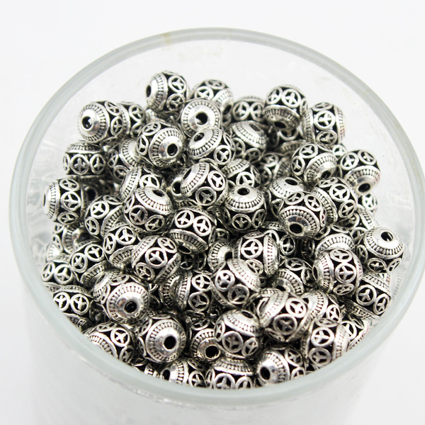 8-10mm藏银合金复古镂空球圆珠 三通空心银球珠配珠散珠批发