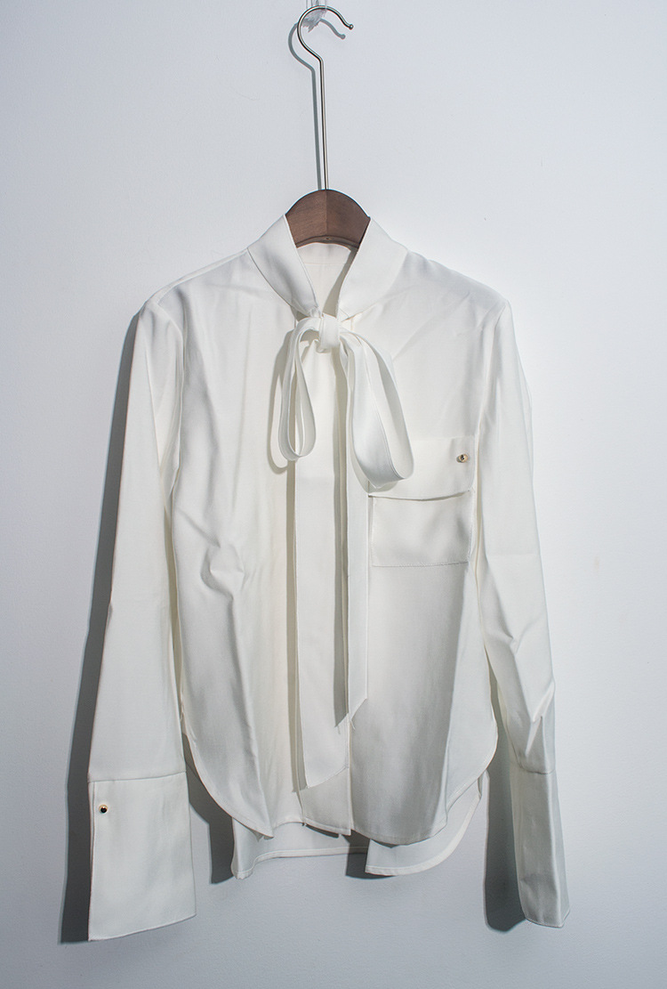 吕燕同款衬衫 easy chic简约都市风 飘带系结 马蹄袖斜纹白衬衣