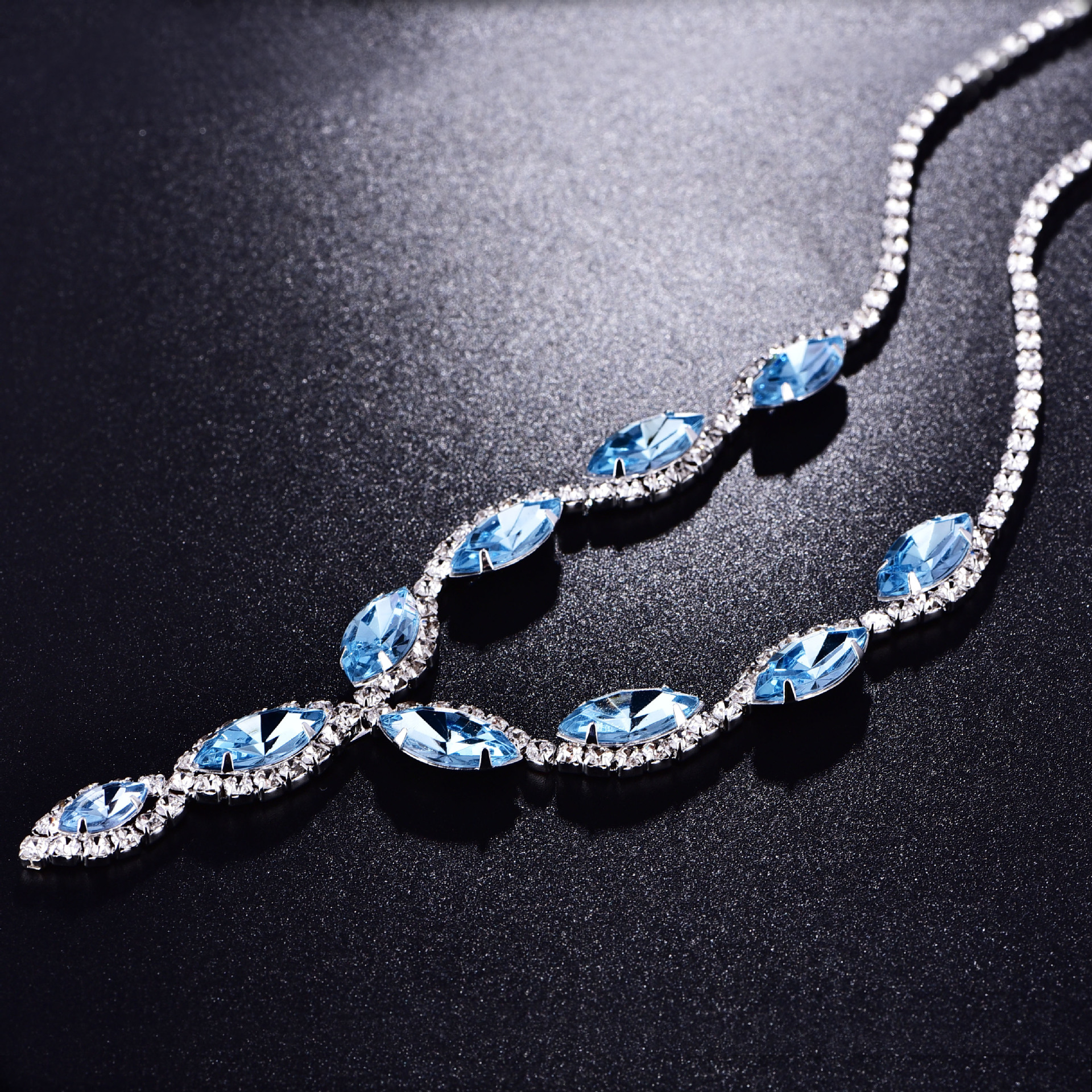 新款彩色马眼宝石项链镶钻链条流苏耳环首饰两件套装速卖通新品