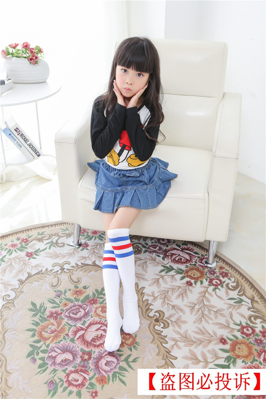 儿童棉足球袜春秋款童装超弹力女童袜子黑白条纹中筒袜直板袜子