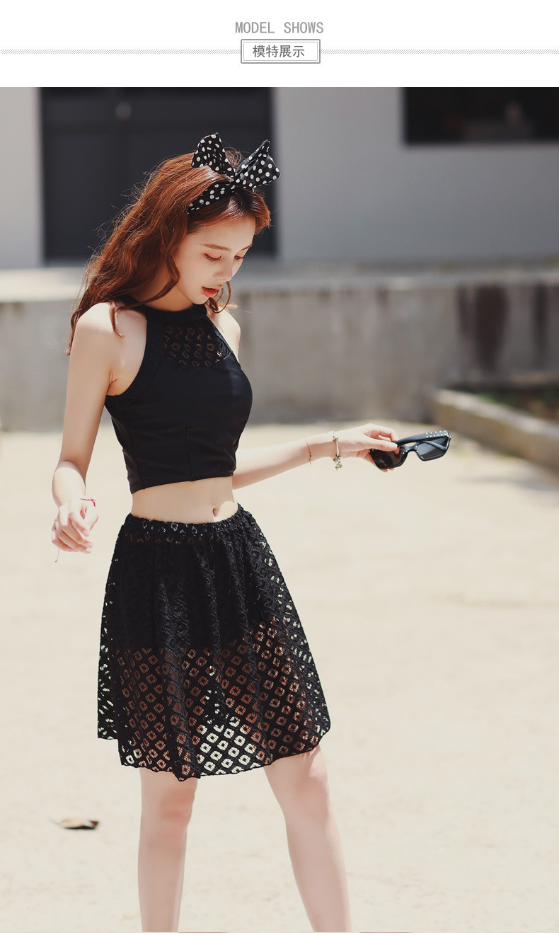 韩国新款泳衣时尚分体泳泳衣女平角泳装蕾丝镂空短裙比基尼三件套