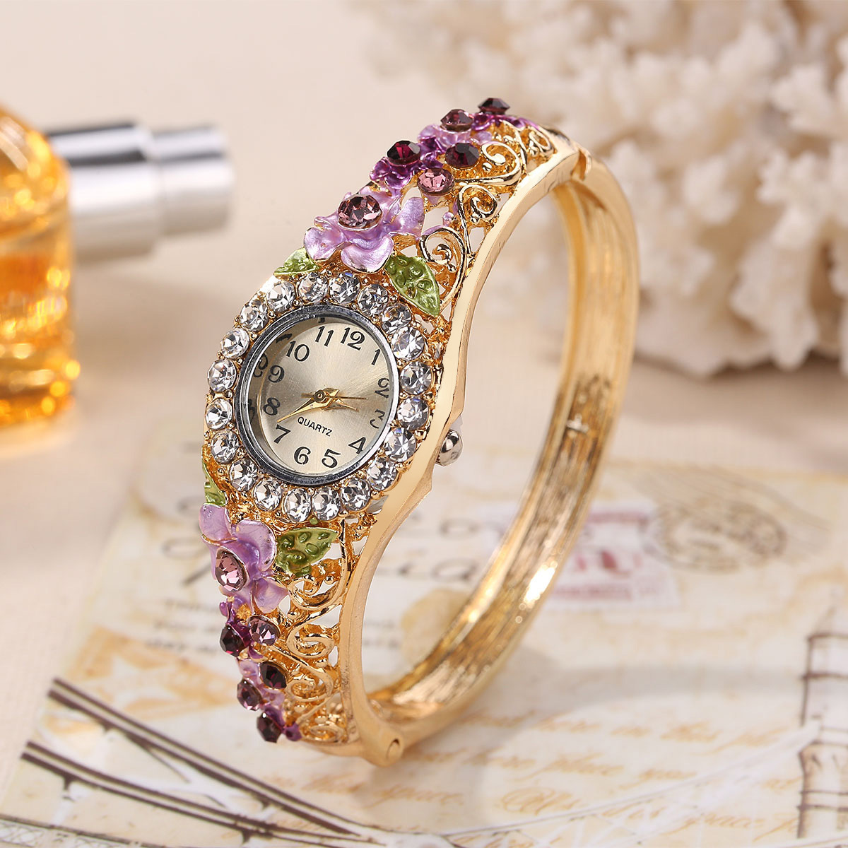 Wish Popular Products Vintage Cloisonne 3D Flower Blooming Rich Women's Wrist Watch Women's Fashion Bracelet Quartz Watch