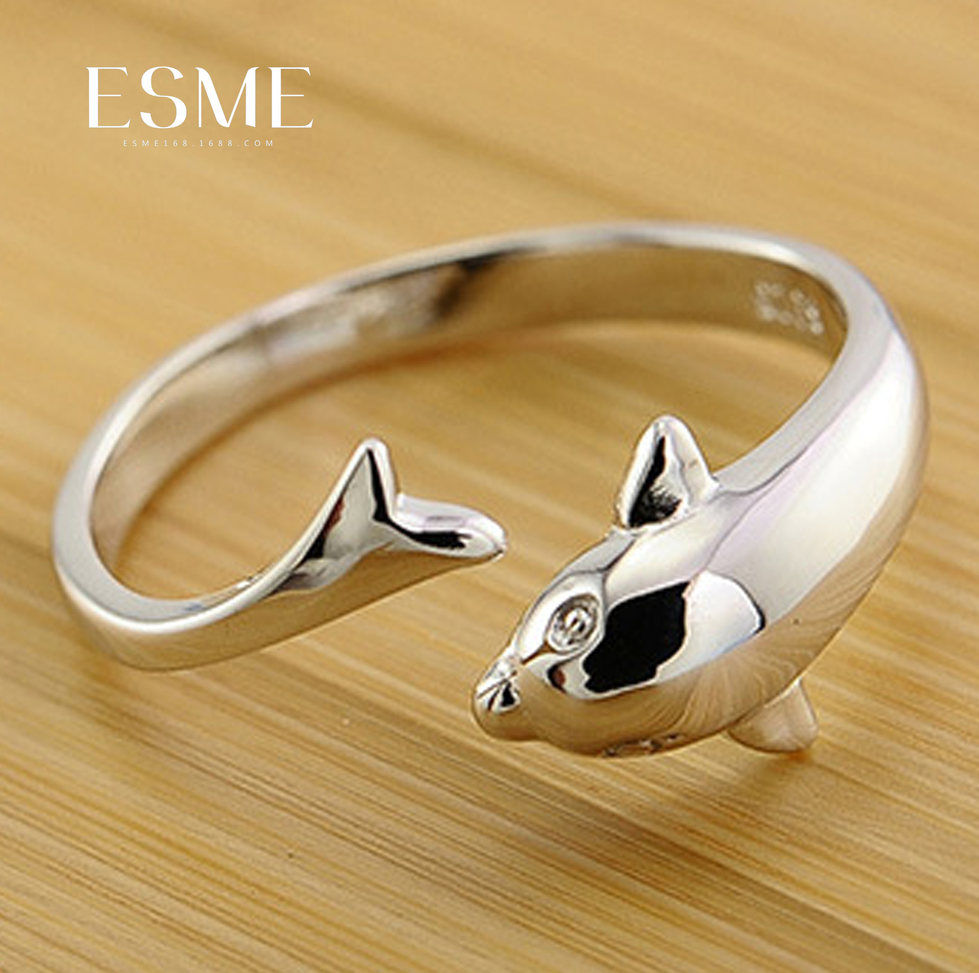 esme时尚女银戒指 浪漫海豚恋人开口戒指 时尚指环 厂家一件代发