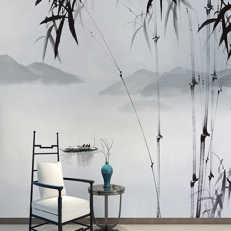 手绘水墨竹子8d墙纸 现代中式客厅背景墙壁纸 新古典古风定制壁画