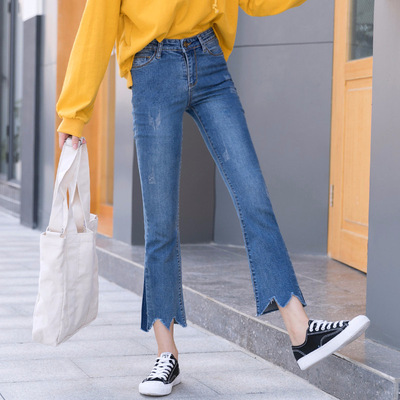 微喇百搭牛仔裤女2018新款韩版bf学生风蓝色微叭裤子女潮