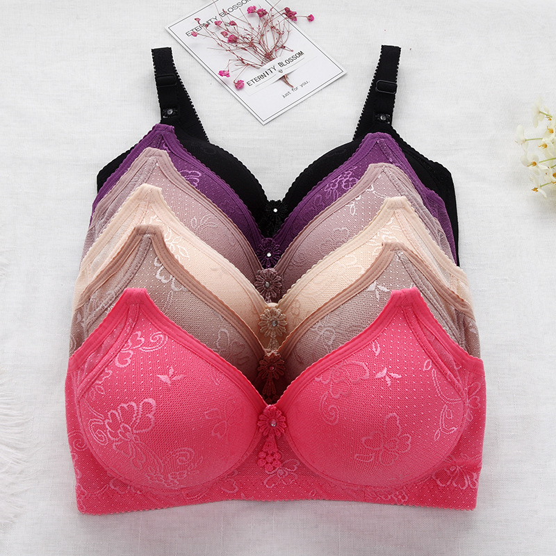 花朵装饰中老年款无钢圈文胸棉质聚拢调整妈妈款女士内衣