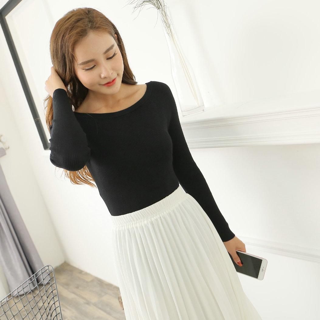 秀衫衫秋季新款一字领长袖针织衫纯色韩版大领针织上衣205z