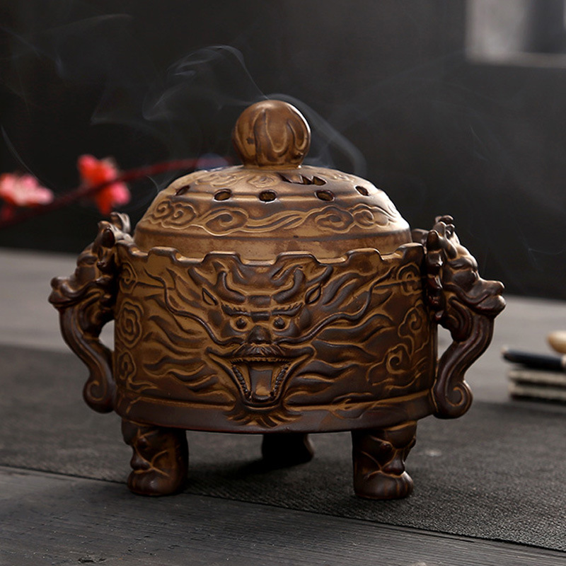 盘香炉盛世祥龙三足鼎凤凰来仪陶瓷线香炉居室供奉香薰炉家居摆件