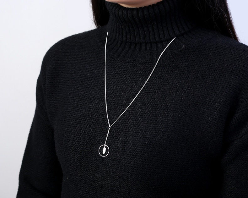 s925纯银项链女 时尚简约圆环树叶子长款毛衣链 24寸个性百搭银饰