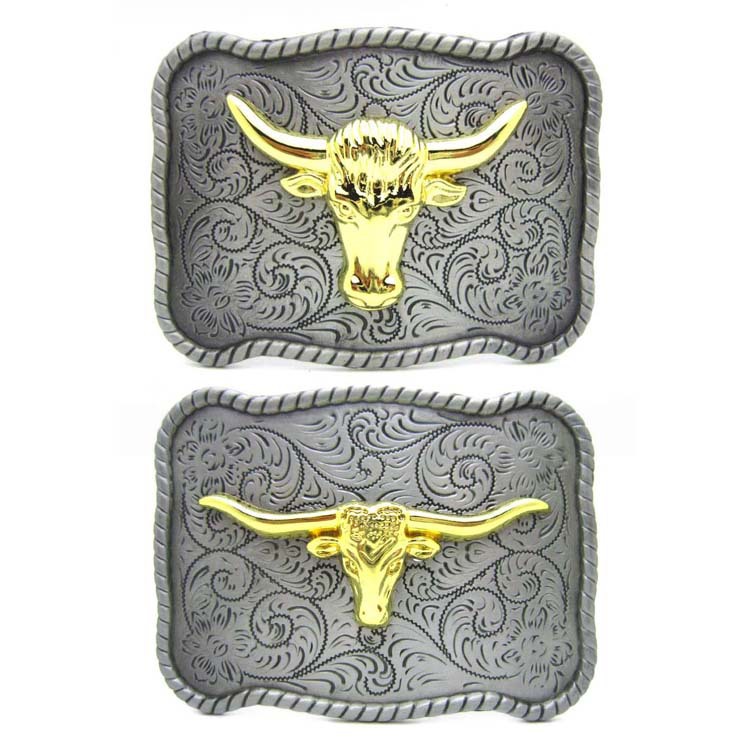 长方形波浪边花纹底板套金色牛头皮带扣 时尚西部风格腰带扣