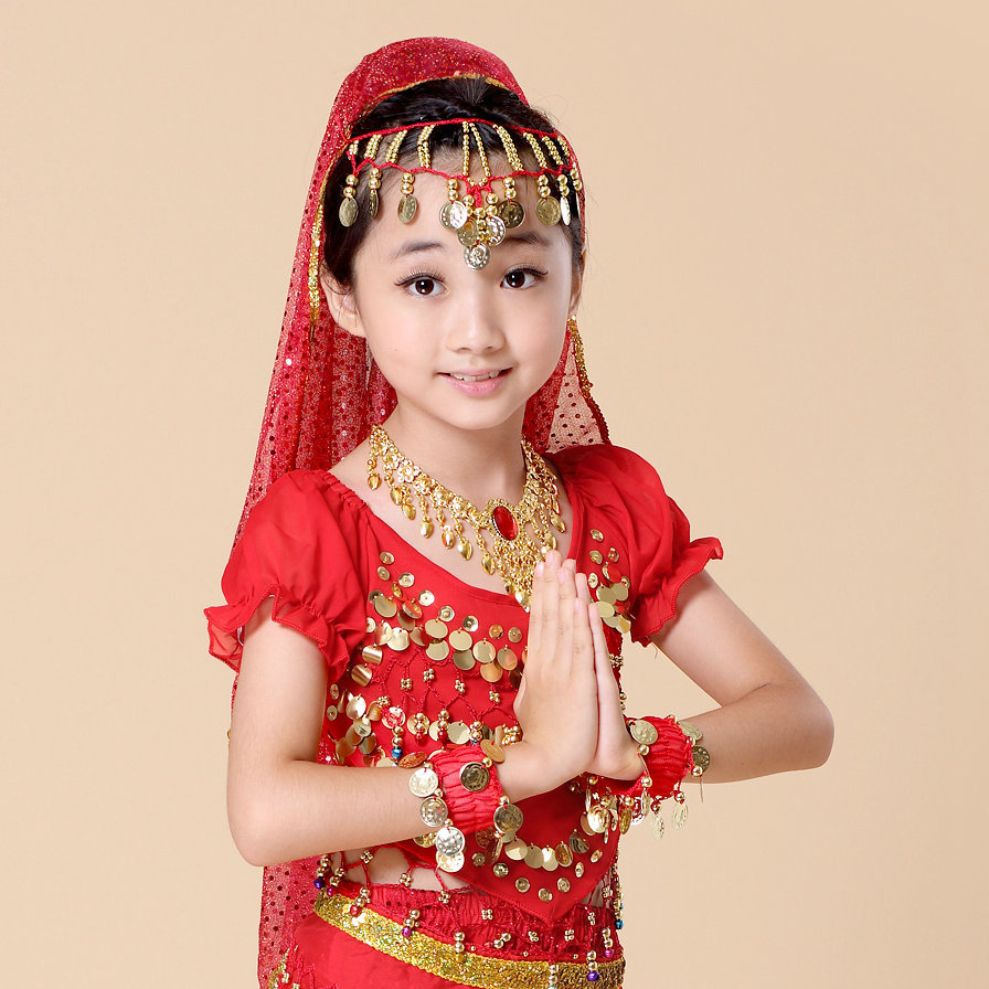 新款儿童肚皮舞服装印度舞服装女童肚皮舞手链项链纱巾辣椒上衣