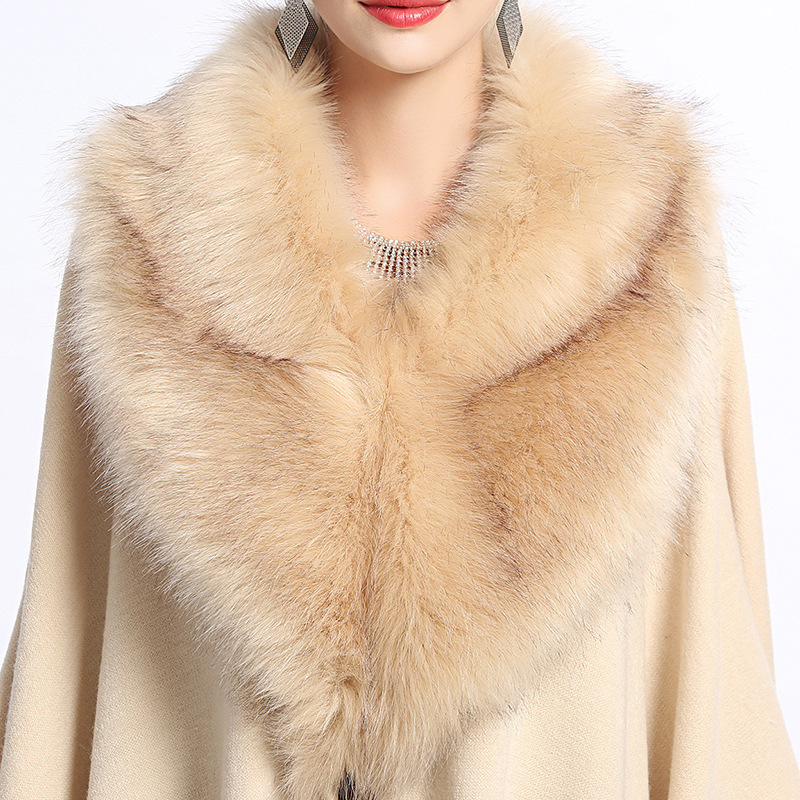 1168# European and American Style Autumn and Winter New Imitation Fox Fur Big Fur Collar Loose Oversized Knit Shawl Cape Knitwear
