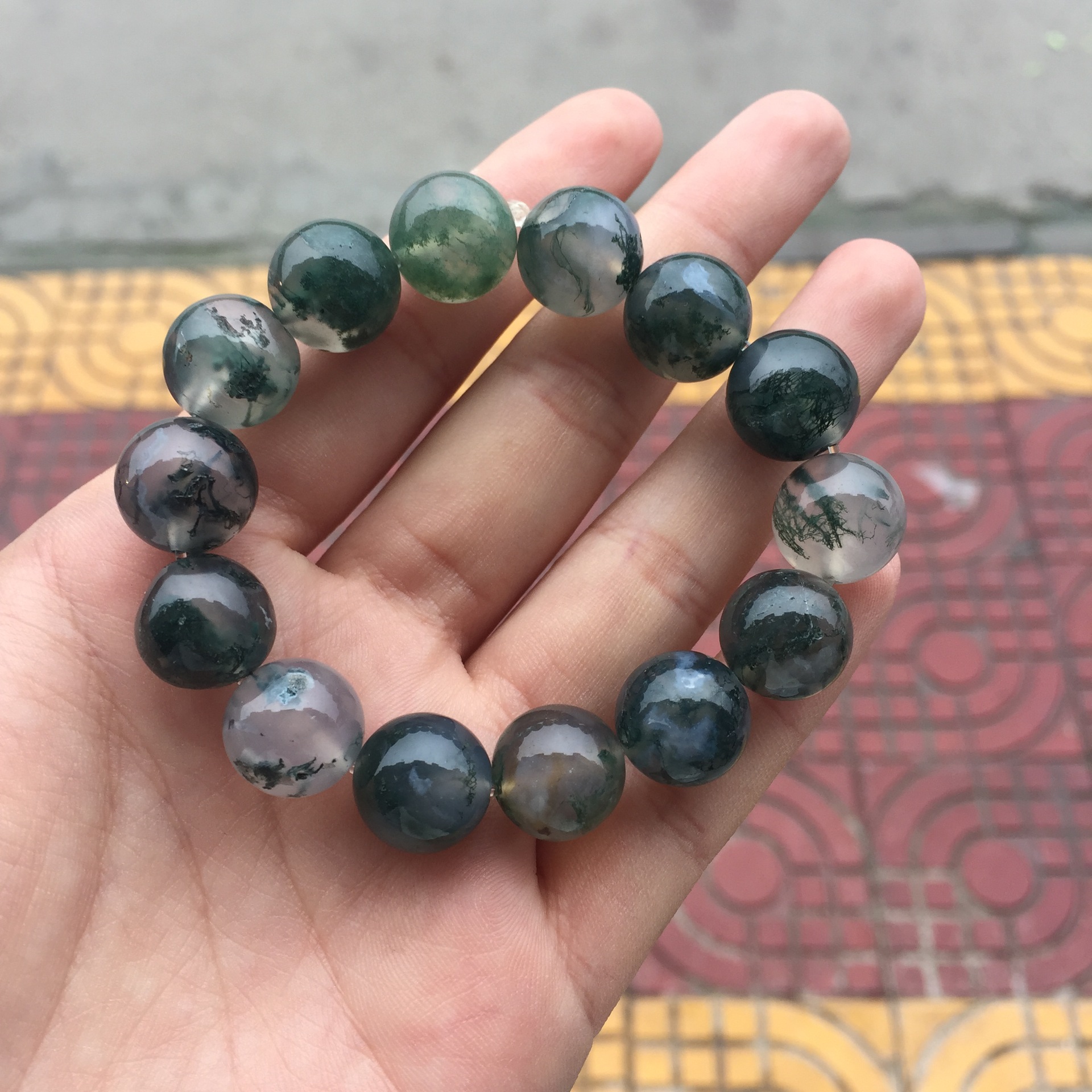 墨绿色水草玛瑙单圈男女款手链玉手串饰品