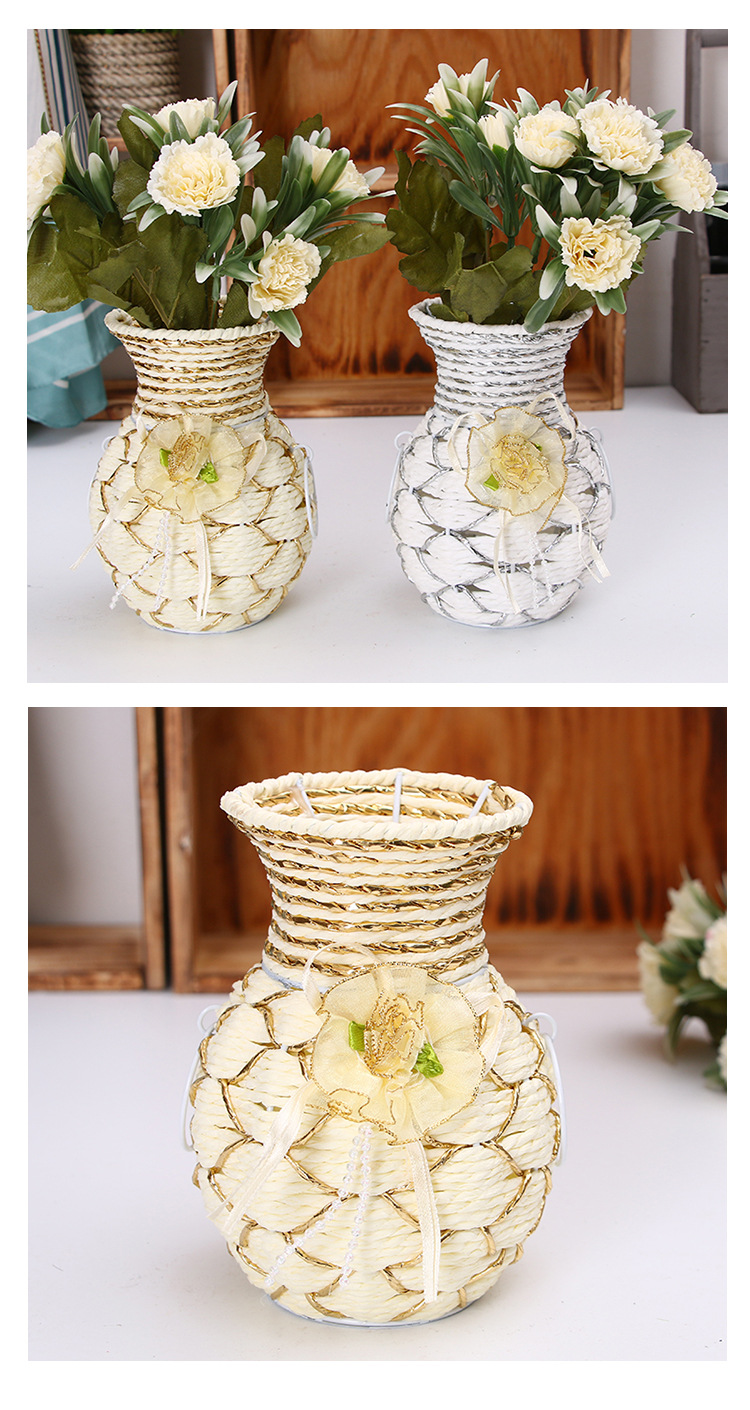 厂家批发手工藤编塑料花篮 桌面圆口塑料插花器家居装饰摆件