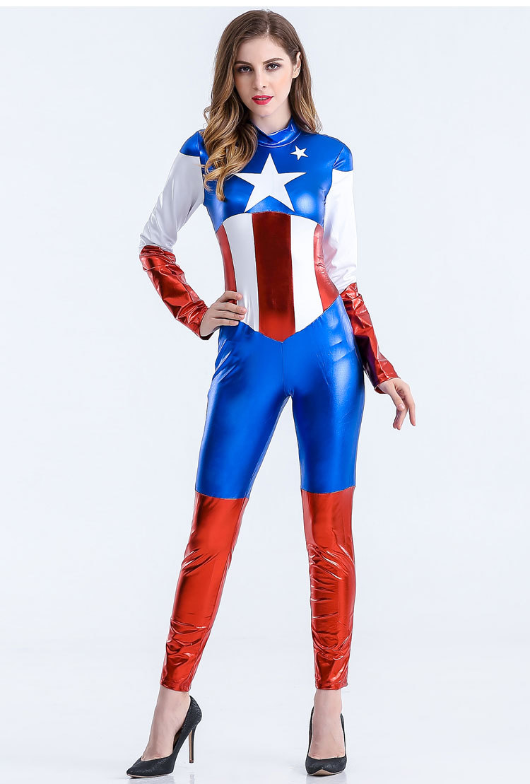 漫威英雄美国队长服装女英雄cos服pu长裤套装化妆舞会派对演出服