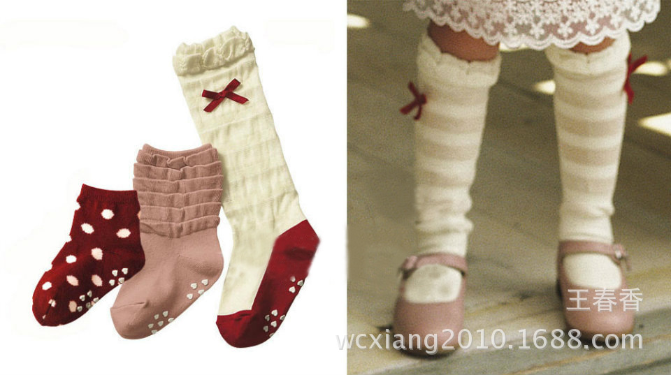 新款中高低儿童袜子,蝴蝶结防滑女童棉袜,3双一包