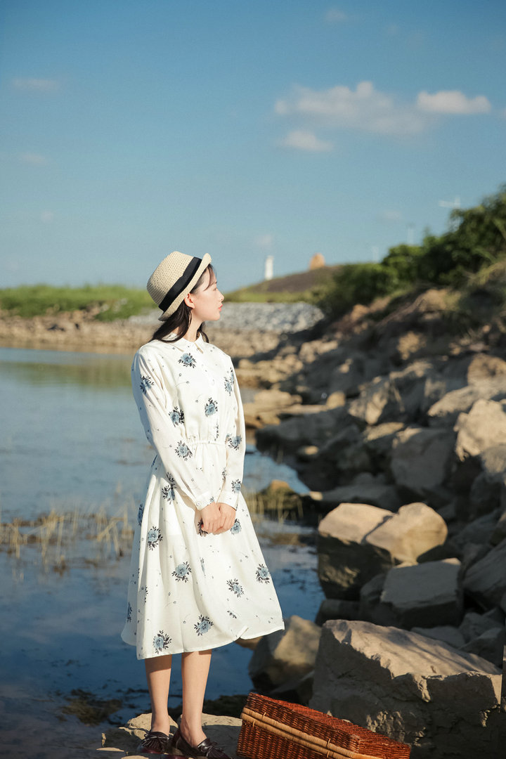 小清新衬衣领连衣裙森女系学生复古收腰白色印花中长款大摆裙仙